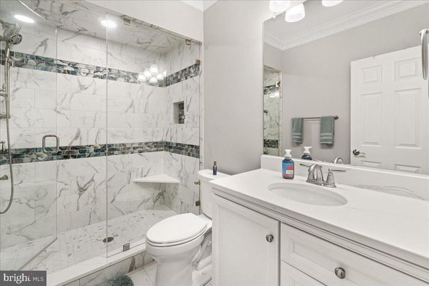 Bathroom, Glass Shower, Interior, Marble Walls, Recessed Lighting