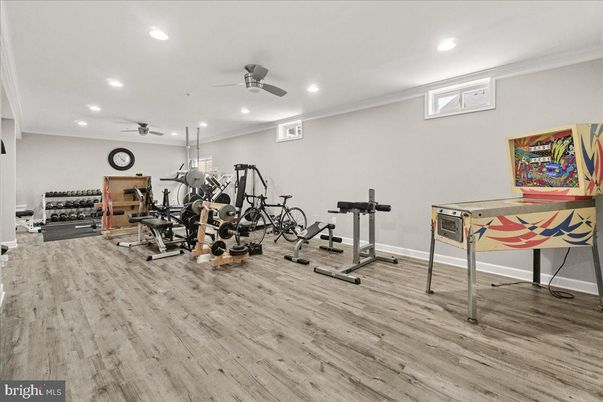 Fitness Equipment, Gym, Interior, Recessed Lighting, Wood Texture Flooring