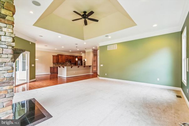 Empty room, Interior, Kitchen, Pendant Lights, Recessed Lighting, Stone Walls, Wood Texture Flooring
