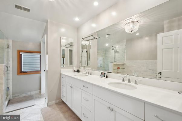 Bathroom, Dual Sink Vanities, Glass Shower, Interior, Marble, Recessed Lighting