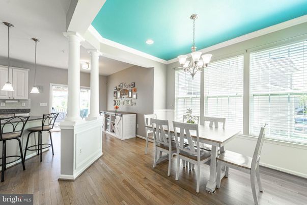 Chandelier, Dining room, Interior, Pendant Lights, Recessed Lighting, Wood Texture Flooring