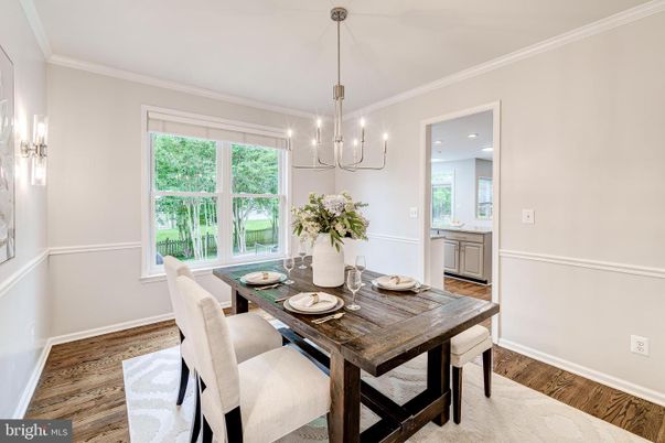 Dining room, Interior, Pendant Lights, Recessed Lighting, Wood Texture Flooring
