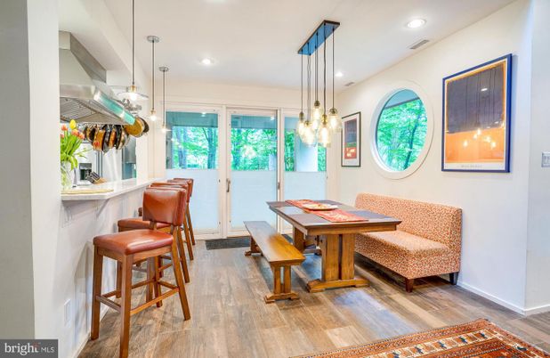Dining room, Interior, Pendant Lights, Recessed Lighting, Wood Texture Flooring