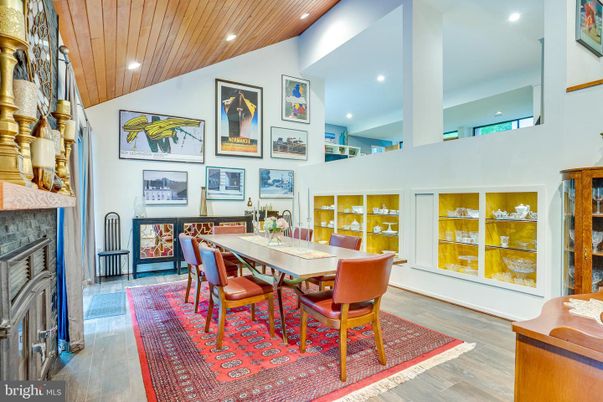 Dining room, Fireplace, Interior, Recessed Lighting, Wooden Ceilings, Wood Texture Flooring