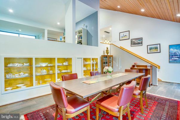 Dining room, Interior, Pendant Lights, Recessed Lighting, Wooden Ceilings, Wood Texture Flooring