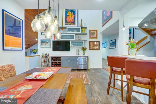Dining room, Interior, Pendant Lights, Recessed Lighting, Wood Texture Flooring