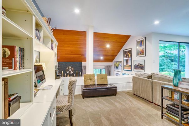 Fireplace, Home Office, Interior, Recessed Lighting, Wooden Ceilings