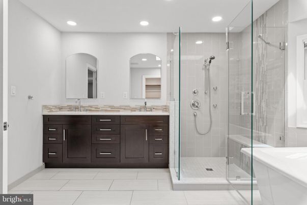 Bathroom, Dual Sink Vanities, Glass Shower, Interior, Recessed Lighting