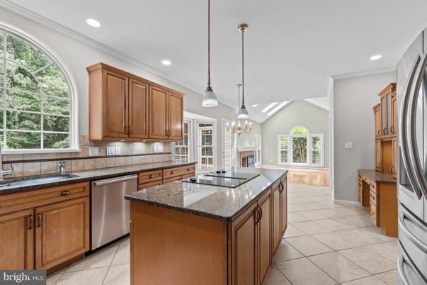Fireplace, Interior, Kitchen, Pendant Lights, Recessed Lighting, Stainless Steel Appliances