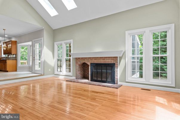 Empty room, Fireplace, Interior, Pendant Lights, Wood Texture Flooring