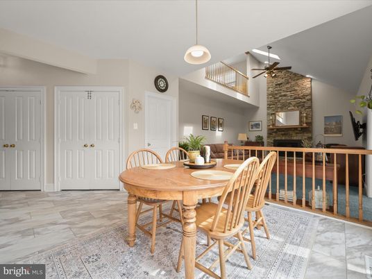 Dining room, Fireplace, Interior, Marble, Pendant Lights, Stone Walls