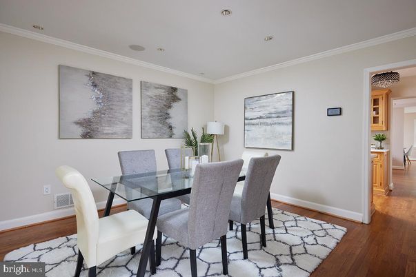 Dining room, Interior, Recessed Lighting, Wood Texture Flooring