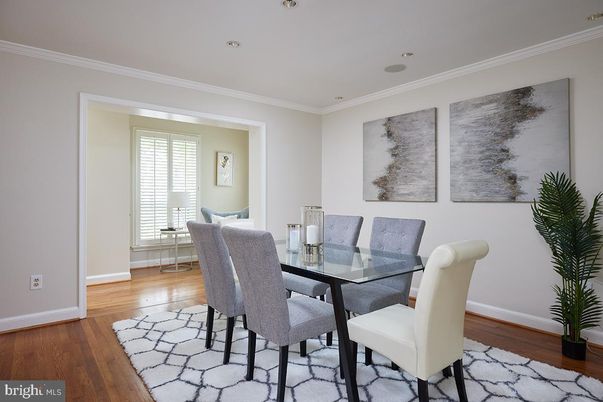 Dining room, Interior, Recessed Lighting, Wood Texture Flooring