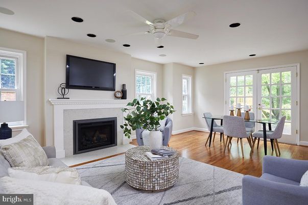 Dining room, Fireplace, Interior, Living room, Wood Texture Flooring