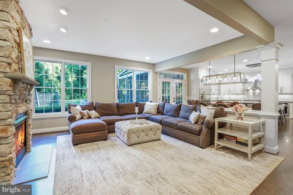 Fireplace, Interior, Kitchen, Living room, Pendant Lights, Recessed Lighting, Stone Walls