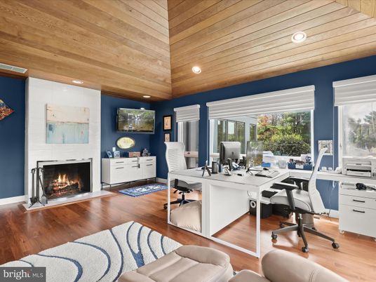 Fireplace, Home Office, Interior, Recessed Lighting, Wooden Ceilings, Wood Texture Flooring