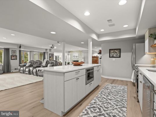 Interior, Kitchen, Living room, Recessed Lighting, Stainless Steel Appliances, Wood Texture Flooring
