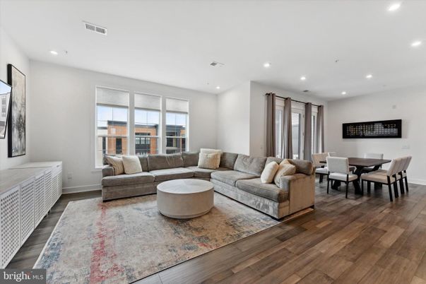 Dining room, Interior, Living room, Recessed Lighting, Wood Texture Flooring