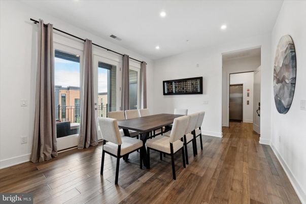 Dining room, Interior, Recessed Lighting, Wood Texture Flooring