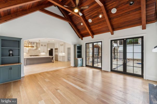 Empty room, Interior, Kitchen, Pendant Lights, Recessed Lighting, Wooden Beams, Wooden Ceilings, Wood Texture Flooring