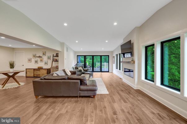Fireplace, Interior, Living room, Recessed Lighting, Wood Texture Flooring