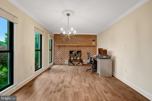 Chandelier, Fireplace, Home Office, Interior, Stone Walls, Wood Texture Flooring