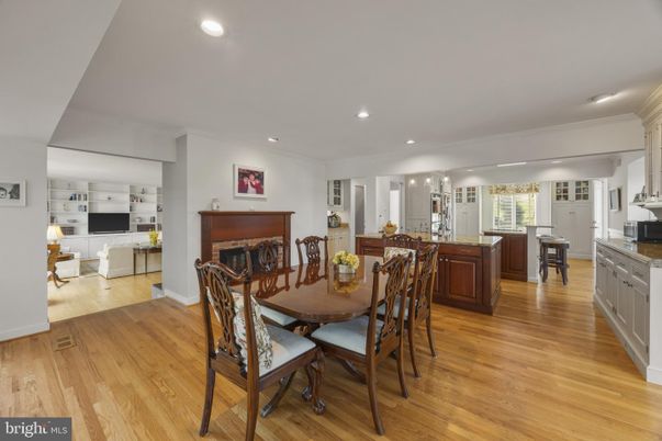 Dining room, Fireplace, Interior, Kitchen, Living room, Recessed Lighting, Wood Texture Flooring