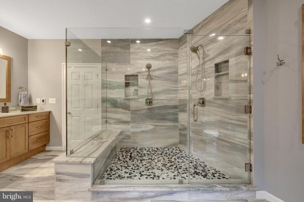Bathroom, Glass Shower, Interior, Marble, Marble Walls, Recessed Lighting