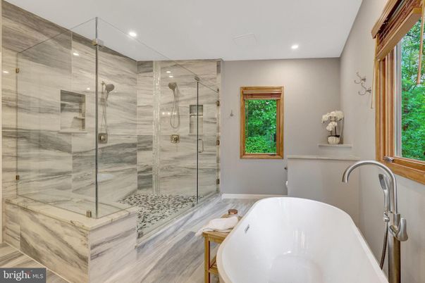 Bathroom, Free Standing Baths, Glass Shower, Interior, Marble Walls, Recessed Lighting