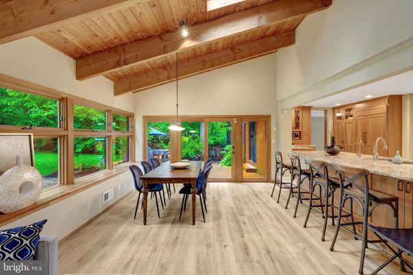 Dining room, Interior, Pendant Lights, Recessed Lighting, Wooden Beams, Wooden Ceilings, Wood Texture Flooring