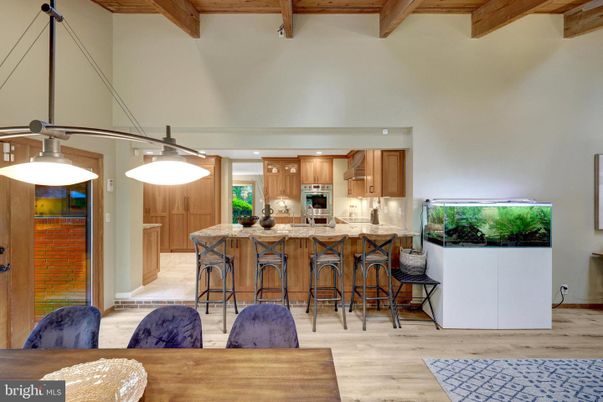 Interior, Kitchen, Pendant Lights, Recessed Lighting, Stainless Steel Appliances, Wooden Beams, Wood Texture Flooring