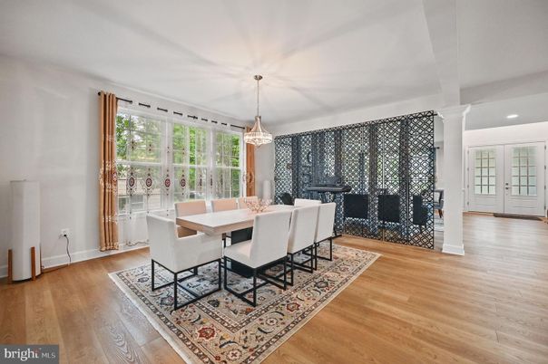 Dining room, Interior, Pendant Lights, Recessed Lighting, Wood Texture Flooring