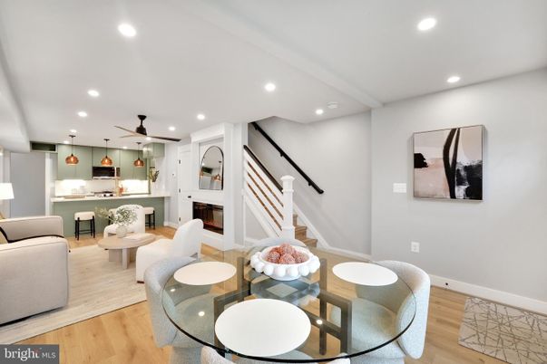Dining room, Fireplace, Interior, Kitchen, Living room, Pendant Lights, Recessed Lighting, Wood Texture Flooring