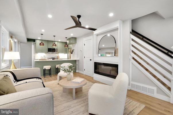 Fireplace, Interior, Kitchen, Living room, Pendant Lights, Recessed Lighting, Wood Texture Flooring