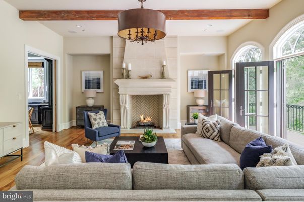 Chandelier, Fireplace, Interior, Living room, Recessed Lighting, Wooden Beams, Wood Texture Flooring