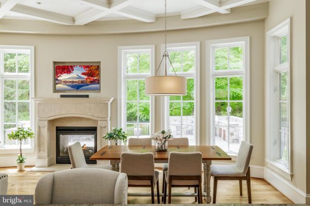 Dining room, Fireplace, Interior, Pendant Lights, Wood Texture Flooring