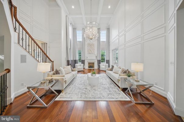 Chandelier, Fireplace, Interior, Living room, Recessed Lighting, Wood Texture Flooring