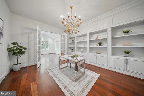 Chandelier, Home Office, Interior, Pendant Lights, Recessed Lighting, Wood Texture Flooring