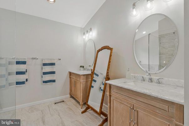 Bathroom, Dual Sink Vanities, Interior, Marble, Recessed Lighting