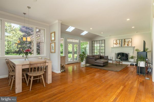 Dining room, Fireplace, Interior, Living room, Pendant Lights, Recessed Lighting, Wood Texture Flooring