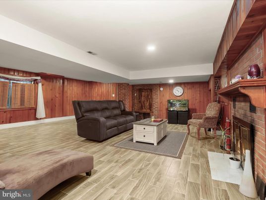 Fireplace, Interior, Recessed Lighting, Stone Walls, Wood Texture Flooring, Wooden Walls