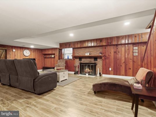 Fireplace, Interior, Recessed Lighting, Wood Texture Flooring, Wooden Walls