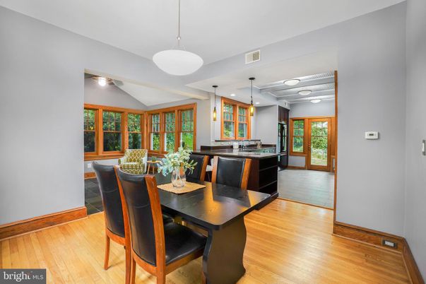 Dining room, Interior, Pendant Lights, Recessed Lighting, Wood Texture Flooring