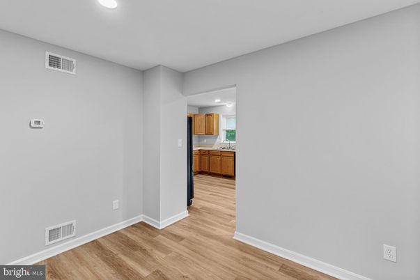 Empty room, Interior, Kitchen, Recessed Lighting, Wood Texture Flooring