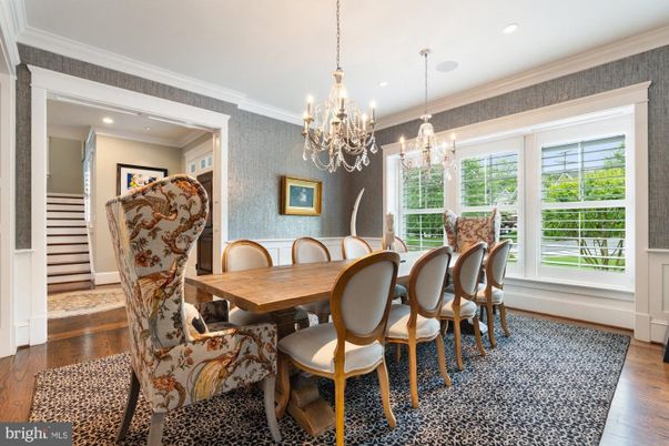 Chandelier, Dining room, Interior, Recessed Lighting, Wood Texture Flooring
