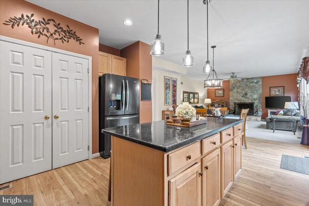 Dining room, Fireplace, Interior, Kitchen, Living room, Pendant Lights, Recessed Lighting, Wood Texture Flooring