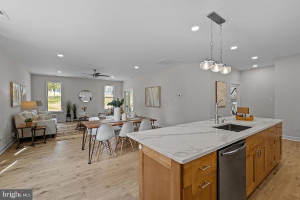 Dining room, Interior, Kitchen, Living room, Pendant Lights, Recessed Lighting, Wood Texture Flooring