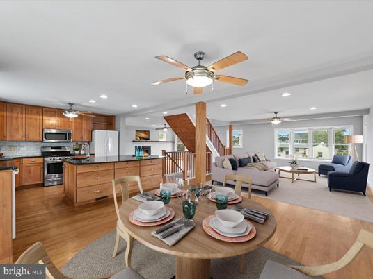 Dining room, Interior, Kitchen, Living room, Recessed Lighting, Stainless Steel Appliances, Wood Texture Flooring