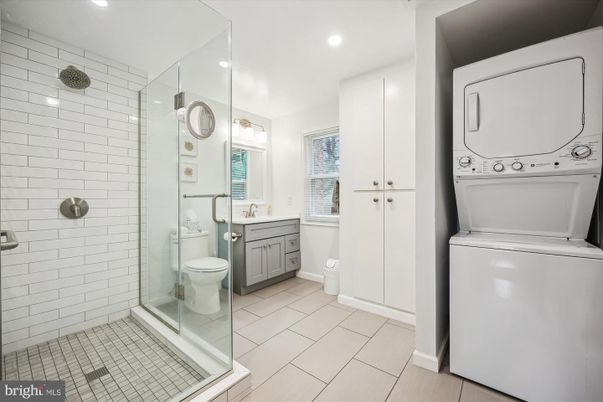Bathroom, Glass Shower, Interior, Recessed Lighting, Utility Closets, Washer