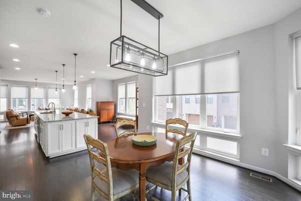 Dining room, Interior, Kitchen, Pendant Lights, Recessed Lighting, Wood Texture Flooring